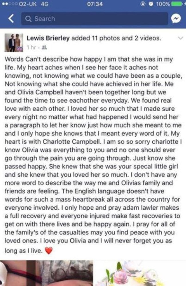 Olivia Campbell’s boyfriend Lewis paid tribute to his late girlfriend on Facebook. Picture: Facebook