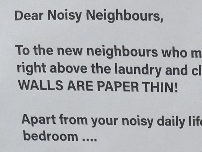 Angry neighbour sends graphic note ranting about couples ‘mortifying sexcapades’. Picture: Reddit