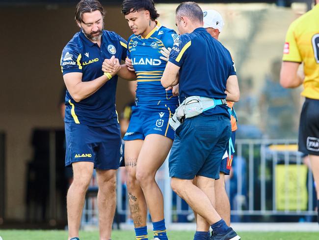 SYDNEY, AUSTRALIA - FEBRUARY 20: Haze Dunster of the Eels is helped from the field with an injury during the NRL Trial Match between the Parramatta Eels and and St George Illawarra Dragons at CommBank Stadium on February 20, 2022 in Sydney, Australia. (Photo by Brett Hemmings/Getty Images)