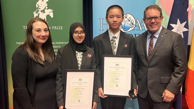 Federal Member for Solomon Luke Gosling OAM congratulates the 2023 Northern Territory Simpson Prize Winner and Runner Up at Parliament House in Canberra. Picture: Supplied.