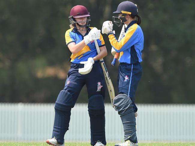 Dolphins batters Amy Riddell and Chelsea Gan during their 65-run opening stand against UQ today. Picture: Lawrence Pinder