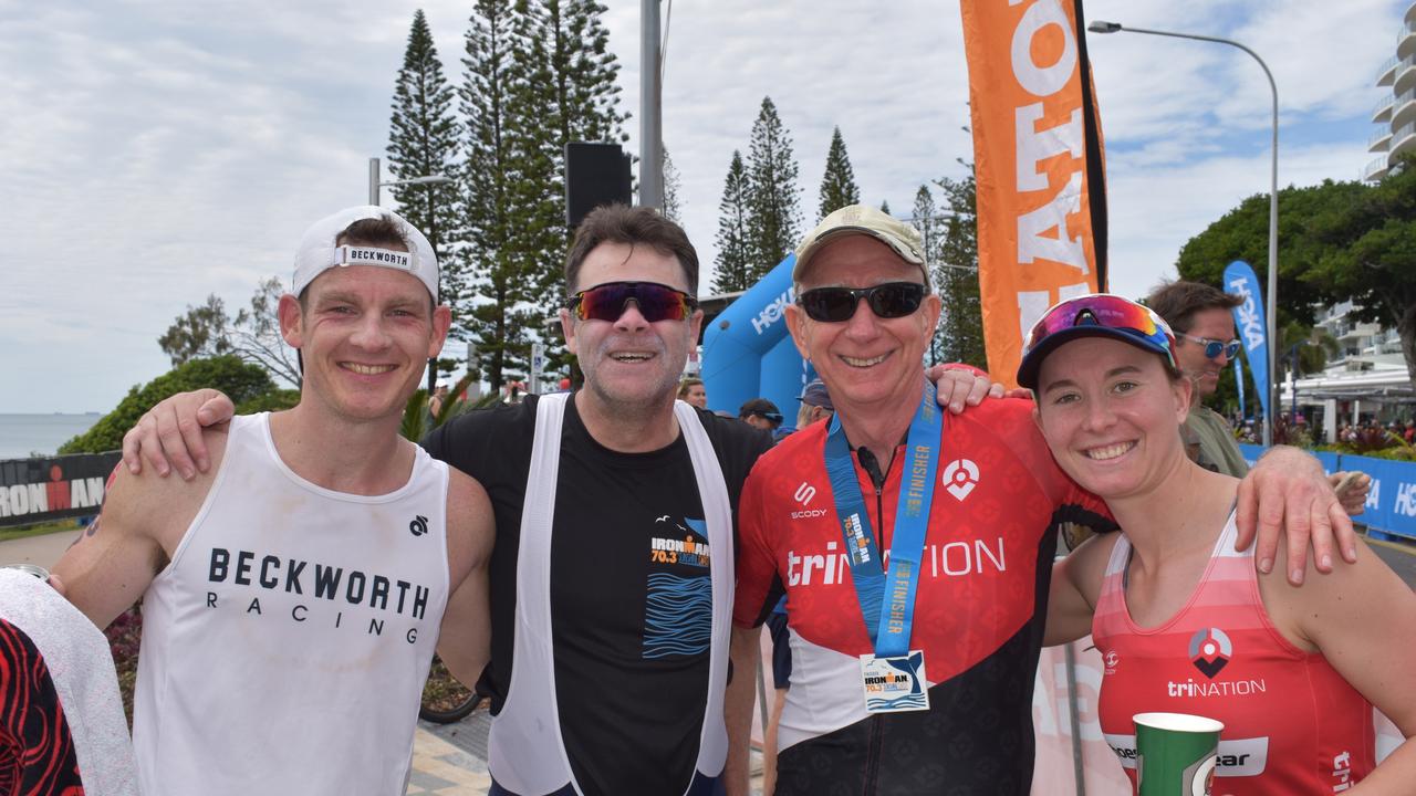 Thibault Legrand, Berndt Van Rensburg, Lindsay Jordan and Lucy Lanigan at the Sunshine Coast Ironman 70.3 at Mooloolaba 2022.