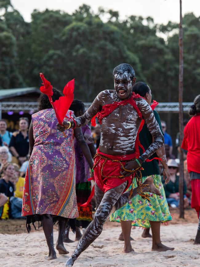 Numbulwar red flag dance at day one of Garma Festival on Friday August 2023. Picture: Pema Tamang Pakhrin