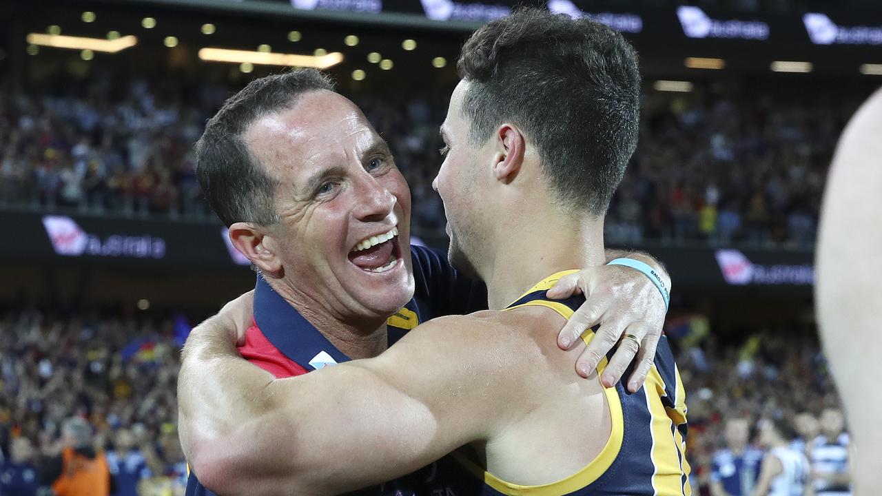 AFL - Preliminary Final - Adelaide Crows v Geelong Cats at Adelaide Oval. Don Pyke embraces Luke Brown after the win. Picture Sarah Reed