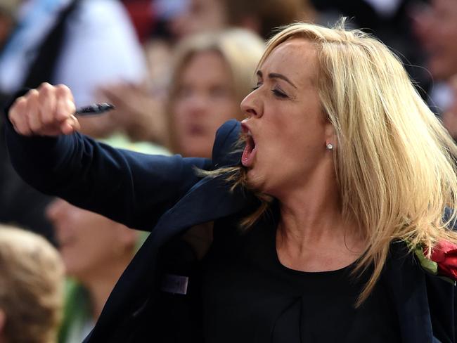 England head coach Tracey Neville reacts to her teams win against Jamaica during their preliminary round match of the Netball World Cup at Allphones Arena in Sydney on Saturday, Aug. 8, 2015. (AAP Image/Paul Miller) NO ARCHIVING, EDITORIAL USE ONLY