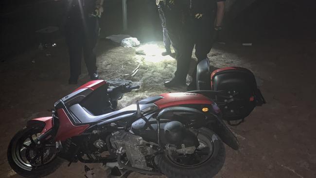 The Yamaha 155cc moped at the scene of a horror smash about 1am on the Main Beach beach-edge walkway that's part of Philip Park, just across from the Marina Mirage turnoff. PICTURE: Ryan Keen