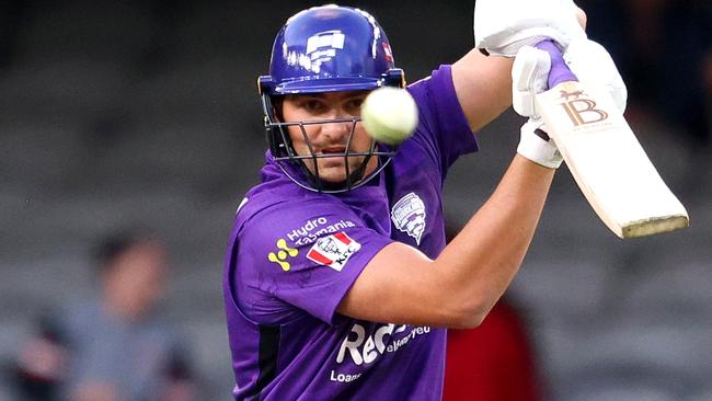 Tim David hits out for the Hobart Hurricanes in the last BBL season.