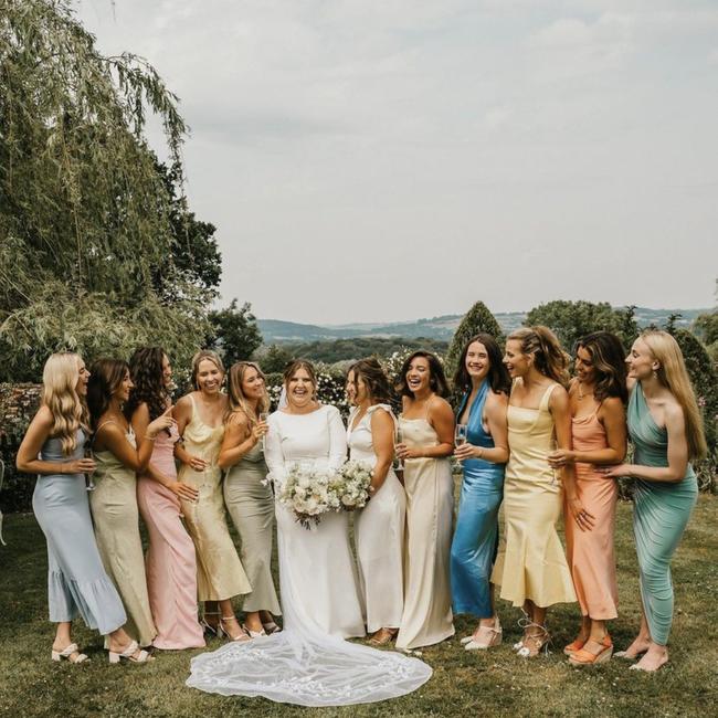 Image credit: Instagram.com/hols_willemsSophie TurnerSophie Turner wore a one-shoulder blue bodycon dress by Norma Kamali and Manolo Blahnik kitten heels as a bridesmaid at her friend Holly Sloame's wedding. 