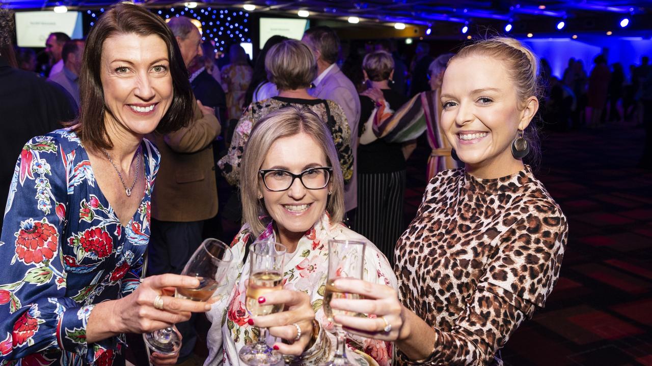 At the Legends at their Game luncheon are (from left) Kristy Hayes, Mandy Turner and Hayley Warren hosted by Toowoomba Hospital Foundation at Rumours International, Friday, May 5, 2023. Picture: Kevin Farmer