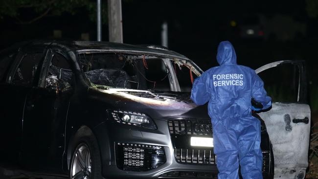 A burnt out car, believed linked to the fatal shooting.  Bill Hearne