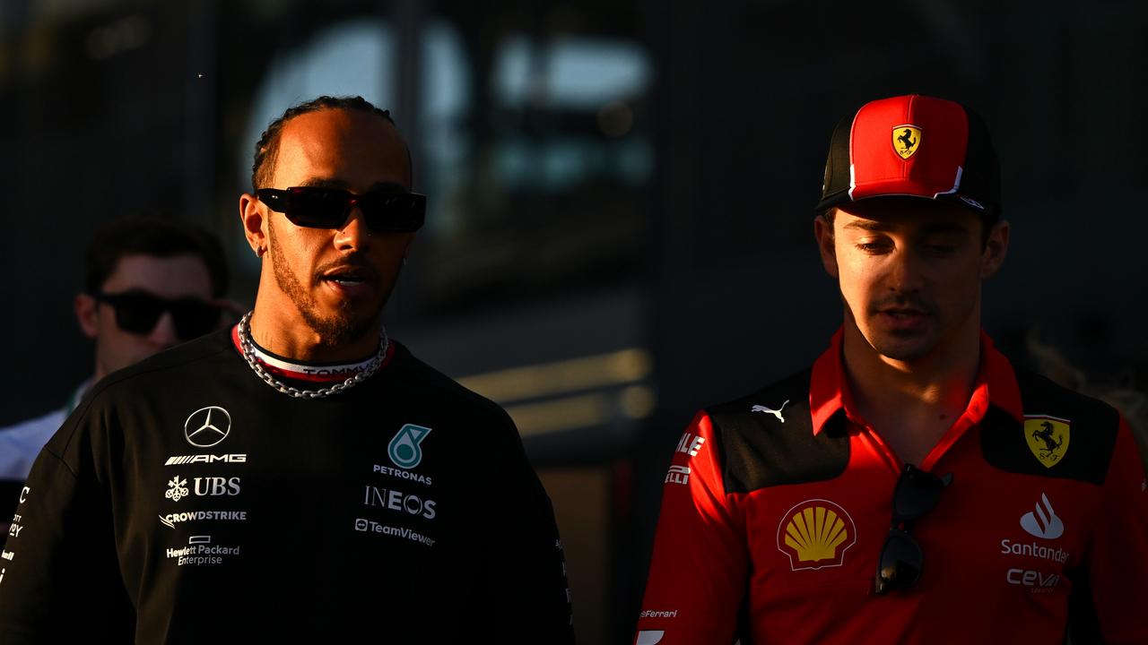 Lewis Hamilton and Charles Leclerc talk in the paddock ahead of the Saudi Arabian Grand Prix at Jeddah Corniche Circuit. Picture: Getty Images