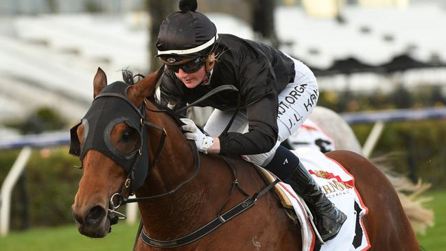 Jamie Kah moved to 99 wins after booting home Token Spirit in Mahogany Challenge Final at Flemington. Picture: Getty Images