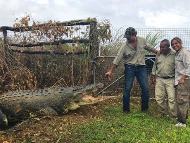 Jessica Mauboy up close with a massive saltwater crocodile. Picture: Jessica Mauboy/Instagram