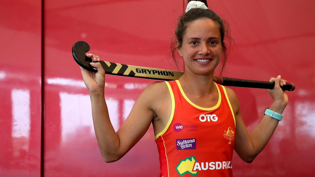 Brooke Peris in the kit designed and painted by dual Olympian, gold medallist and former Hockeyroo and Federal Senator Nova Peris.