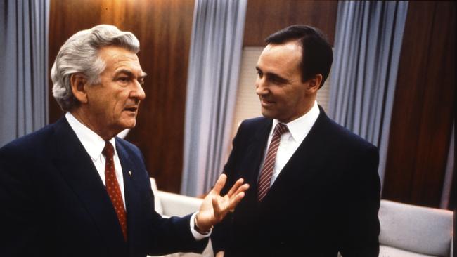 Paul Keating and Bob Hawke, in the Prime Minister’s Office, on one of their last days in Old Parliament House in 1988. Picture: Museum of Australian Democracy, Old Parliament House