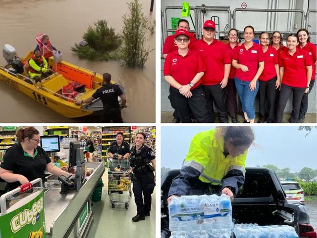 Woolworths and Coles workers have pitched in to help the Ingham community after days of intense rainfall. Pictures: Supplied.