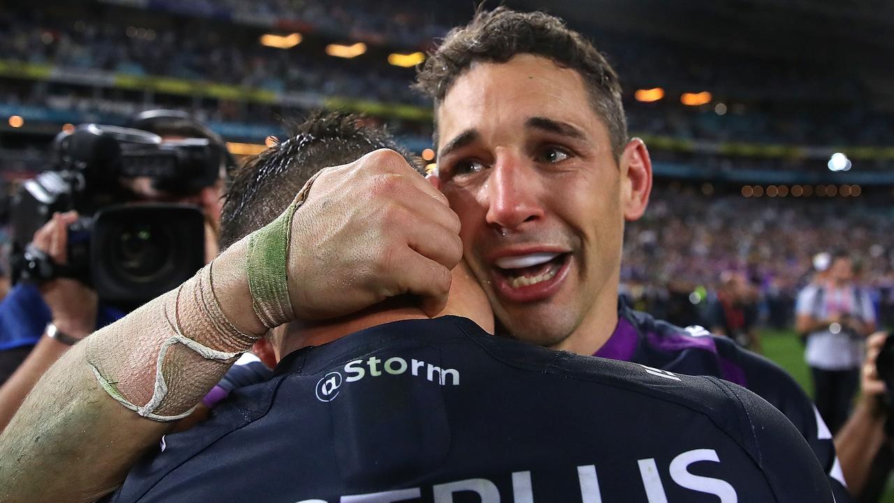 Billy Slater embraces Cooper Cronk following the Storm’s 2017 grand final win over the Cowboys. Photo: Cameron Spencer