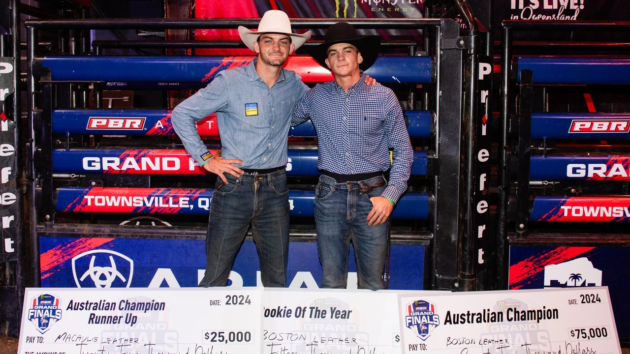 PBR Grand Finals in Townsville, Queensland at the Townsville Entertainment &amp; Convention Centre on Saturday November 2, 2024. Australian Champion Runner Up Macaulie Leather, Rookie of the Year and Australia Champion of the Year Boston Leather.