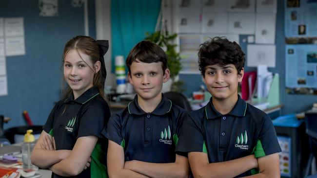 Clapham Primary school year 5 students, Lily Wundersitz 11, Joel Wegener 11 and Sam Koroshati 10. Picture: Roy VanDerVegt