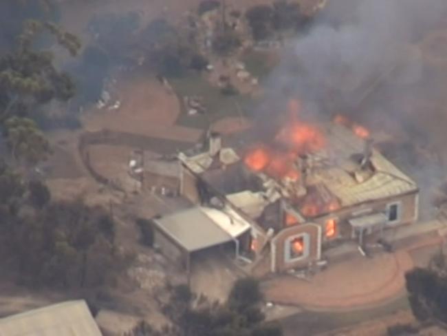 Properties burning near Wasleys after the Pinery fire took hold. Picture: Nine News