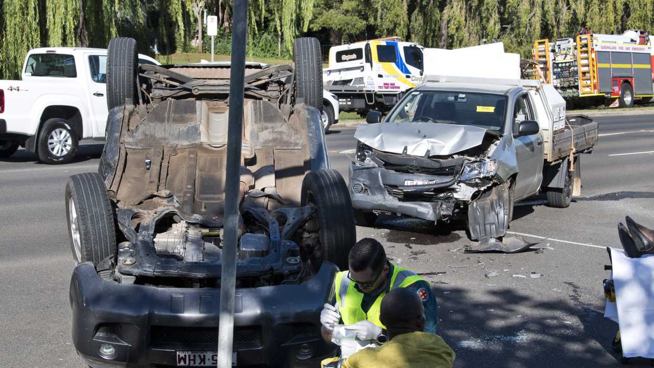 Two car collision at Kitchener and Geddes streets, One car rolled onto roof and two people transported to hospital. Wednesday, 18th Mar, 2020. Picture: Nev Madsen