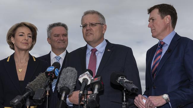 Michaelia Cash, left, Mathias Cormann, Scott Morrison and Christian Porter in Perth on Monday. Picture: AAP