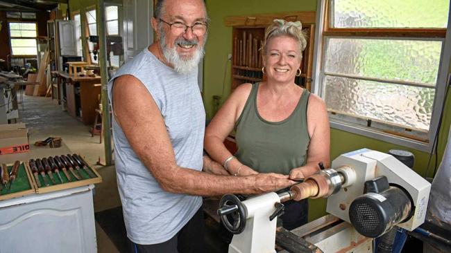 LOVE FOR WOOD AND EACH OTHER: Wayne Moss and Caz Hayes have started the business Woody by Mossy at their home in Cawongla near Kyogle. Picture: Susanna Freymark