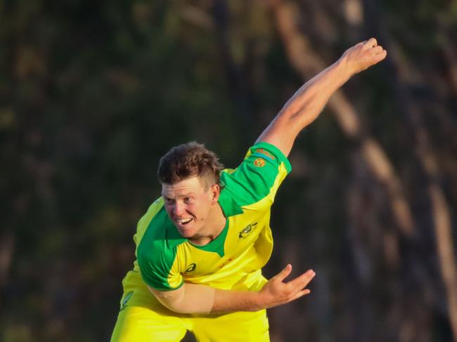 Mitch Owen bowls for the Cricket Australia XI. Picture: NT Cricket.