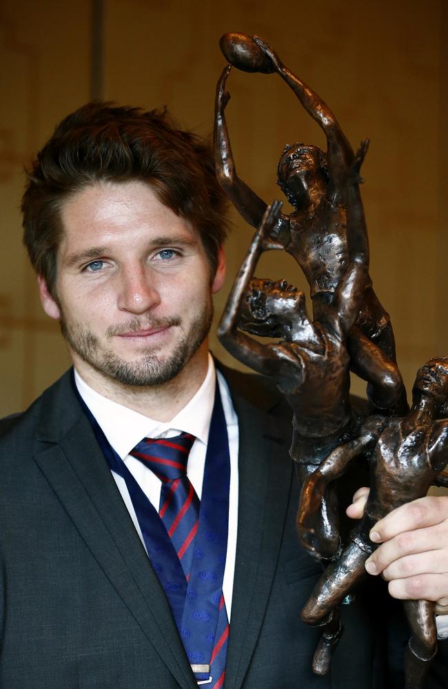 Melbourne forward Jesse Hogan with his Rising Star trophy. Picture: Wayne Ludbey