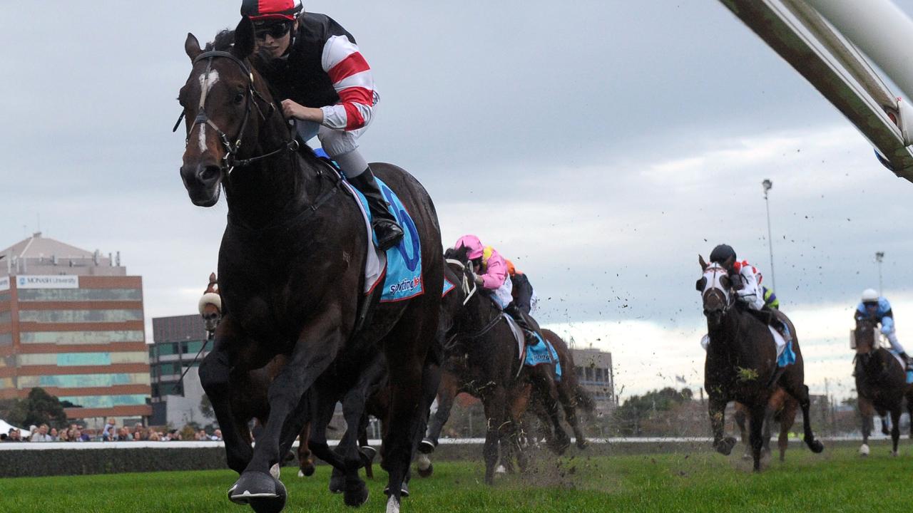 MELBOURNE, AUSTRALIA - MAY 17: Kayla Nisbet riding Lord of the Sky wins Race 6, the Taralye Listen Learn Speak Plate during Melbourne Racing at Caulfield Racecourse on May 17, 2014 in Melbourne, Australia. (Photo by Vince Caligiuri/Getty Images)