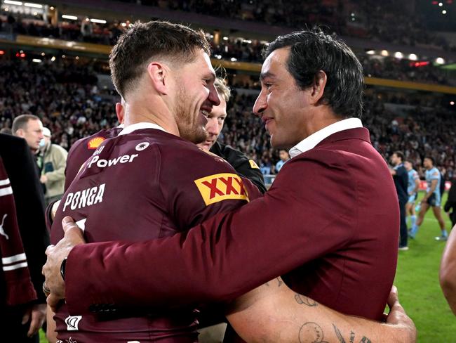 BRISBANE, AUSTRALIA - JULY 13: Kalyn Ponga of Queensland celebrates victory with Johnathan Thurston after game three of the State of Origin Series between the Queensland Maroons and the New South Wales Blues at Suncorp Stadium on July 13, 2022, in Brisbane, Australia. (Photo by Bradley Kanaris/Getty Images)