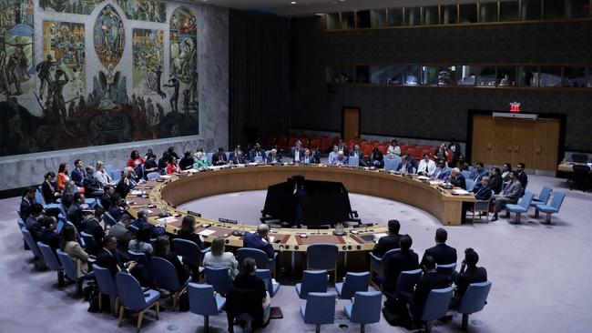 UN Security Council members vote on the resolution calling for a ceasefire and unrestricted humanitarian access in Gaza, at UN headquarters in New York, on Wednesday. Picture: Leonardo Munoz / AFP