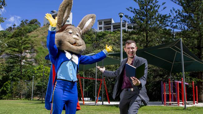 Gold Coast Bulletin journalist Andrew Potts has bought the rabbit costume that used to be the Magic Mountain mascot. Picture: Jerad Williams