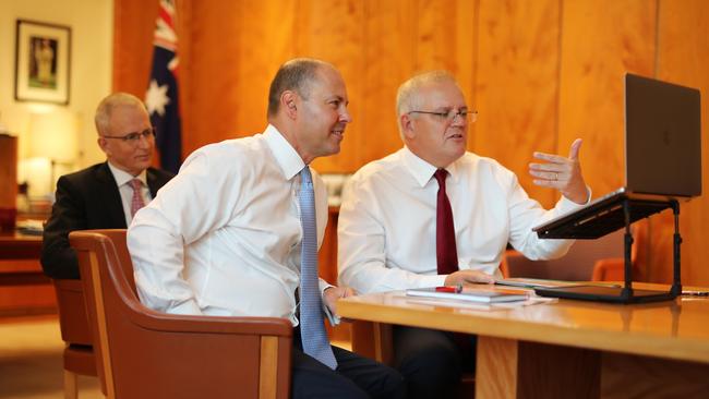 Prime Minister Scott Morrison, Treasurer Josh Frydenberg and Minister for Communications Paul Fletcher chat with Google (Sundar Pichai (CEO), Kent Walker (VP Global Affairs) and Mel Silva (Managing Director Aust-NZ) during a virtual meeting in February. Picture: Adam Taylor