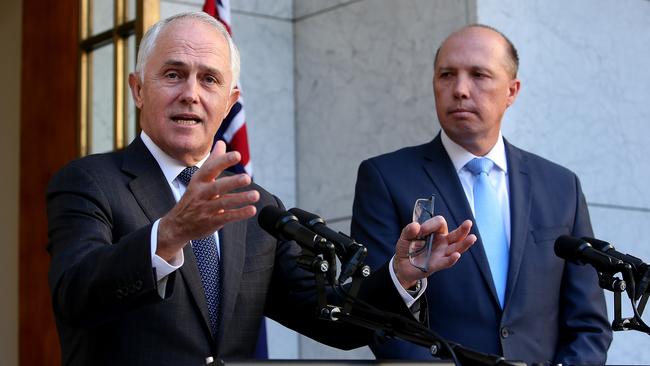 Prime Minister Malcolm Turnbull and Immigration Minister Peter Dutton speak to media about 457 visas. Picture: Kym Smith