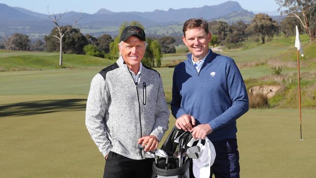 Greg Norman and David Evans at the opening of the Cathedral Lodge golf course. Picture: David Crosling