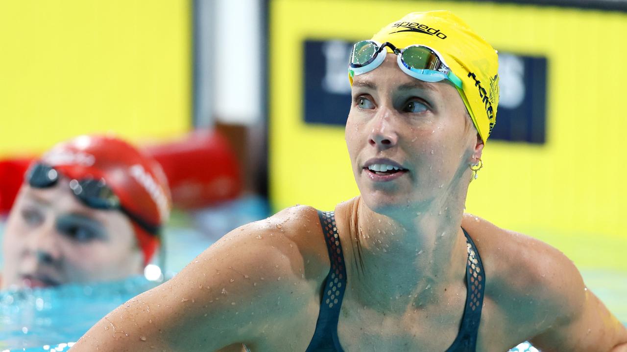 SMETHWICK, ENGLAND - AUGUST 01: Emma McKeon of Team Australia reacts after competing in the Women's 100m Freestyle Semi-Final on day four of the Birmingham 2022 Commonwealth Games at Sandwell Aquatics Centre on August 01, 2022 on the Smethwick, England. (Photo by Clive Brunskill/Getty Images)