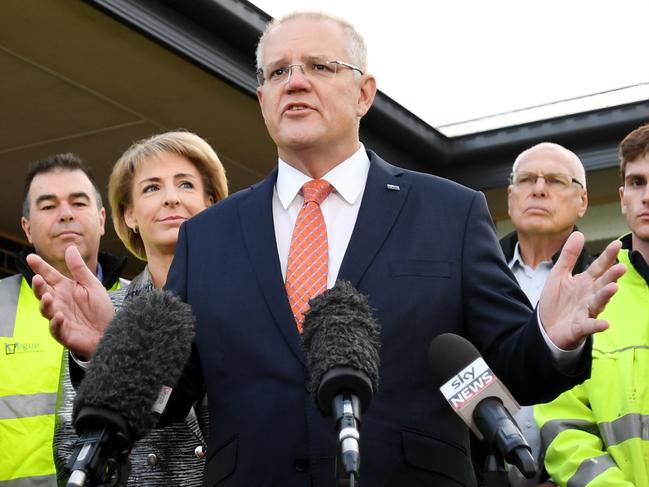 Prime Minister Scott Morrison and Small Business Minister Michaelia Cash during a press conference at a residential building site in Googong today. Picture: Tracey Near my/Getty Images