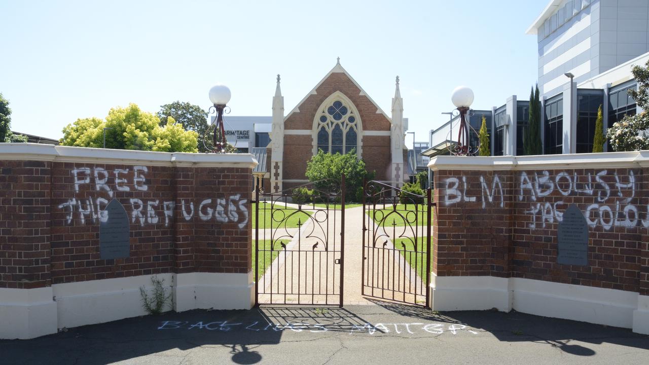 Vandals tagged several buildings in Neil St overnight, including the Empire Theatre, the Christian Science Reading Room, the Masonic Lodge and the Toowoomba Chronicle.