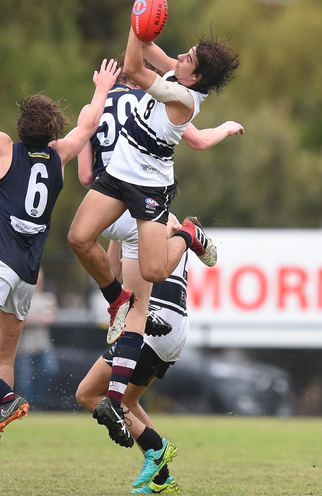 Adam Carafa flies high but can’t hold the mark. Picture: Jason Sammon