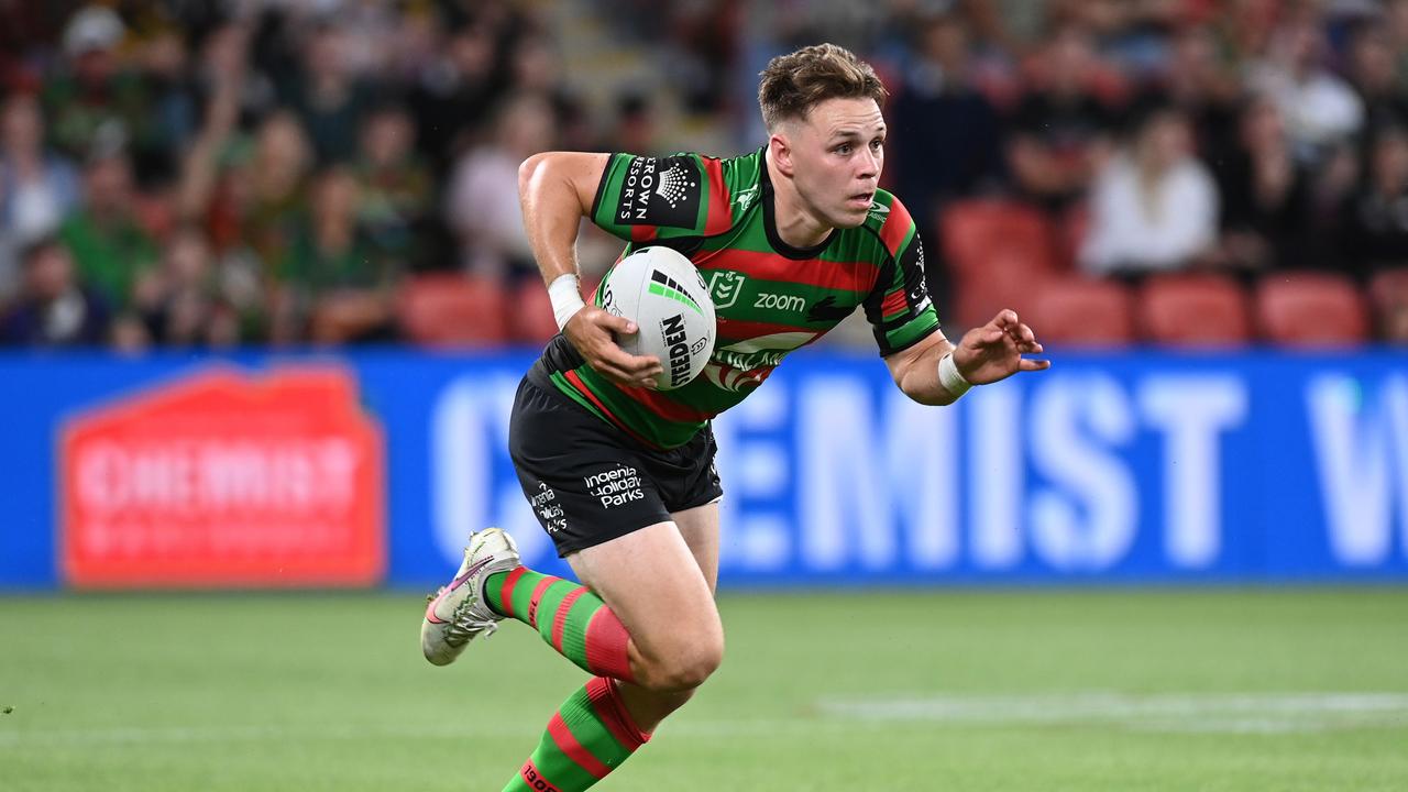 Blake Taaffe of the Rabbitohs runs the ball during the Preliminary Final win over Manly. Picture: Getty