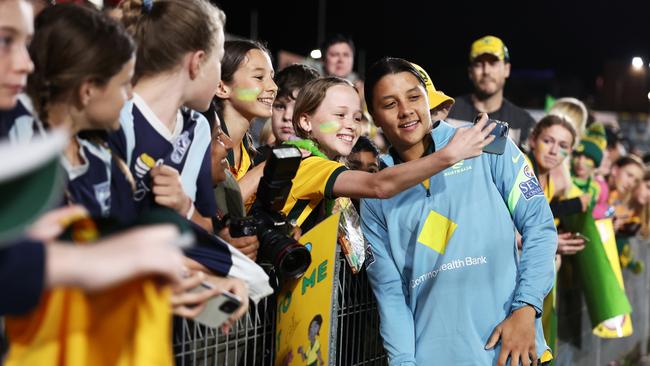 Sam Kerr of the Matildas interacts with fans after the International Friendly match between the Australia Matildas and Thailand at Central Coast Stadium on November 15, 2022 in Gosford, Australia. (Photo by Matt King/Getty Images)