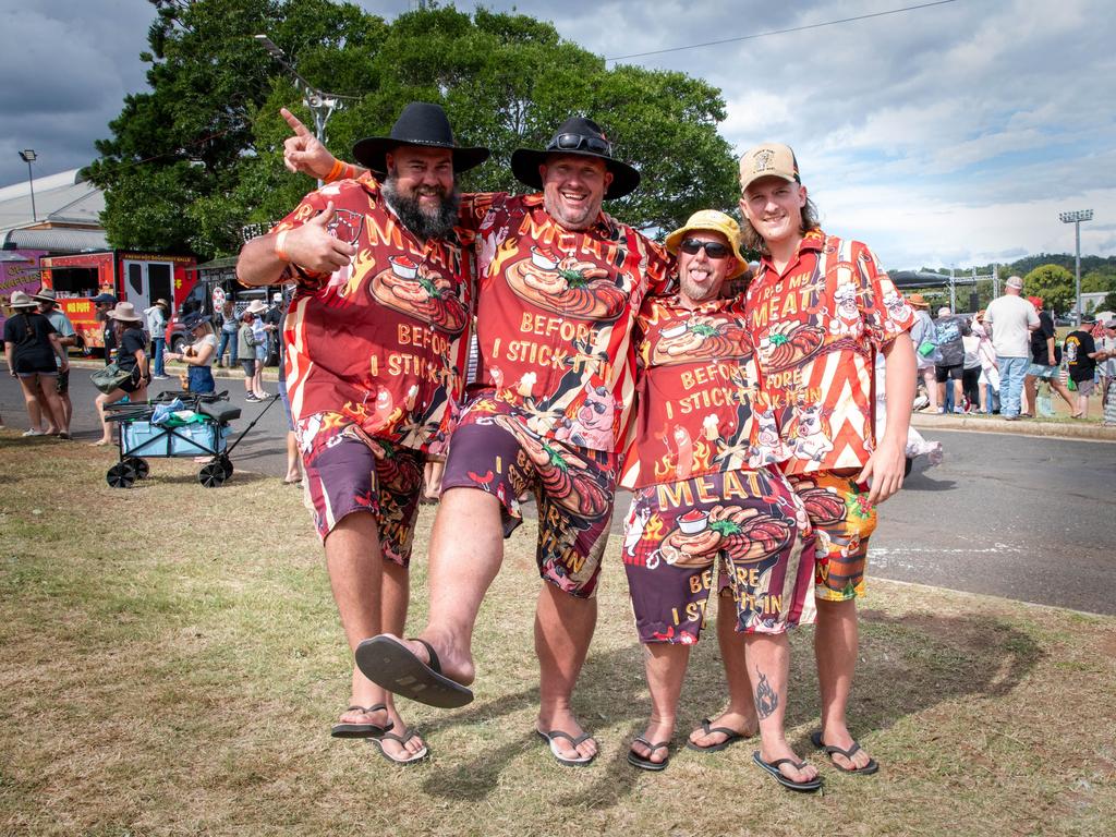 Dressed in their best, from left; Craig Blank, Jason Peace, Dean Hoey and Ethan Peace at Meatstock - Music, Barbecue and Camping Festival at Toowoomba Showgrounds.Friday March 8, 2024 Picture: Bev Lacey