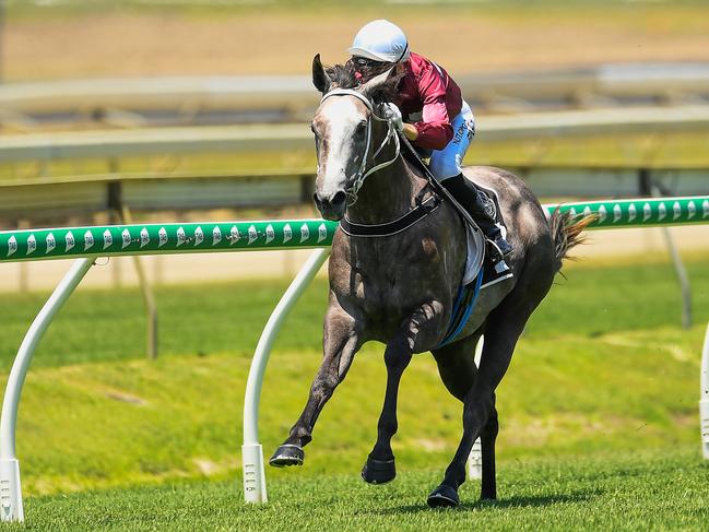 Jcokey Baylee Nothdurft rides Lady Banff to victory in race 1, the QTIS 2YO Handicap, during the Tattersalls Raceday at Doomben Racecourse in Brisbane, Saturday, November 23, 2019. (AAP Image/Albert Perez)