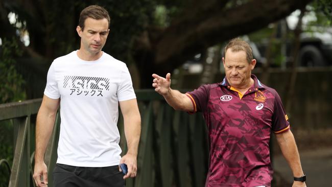 Dave Donaghy and Kevin Walters tour Red Hill on Saturday after the Broncos’ come from behind win over the Titans. Picture: Annette Dew