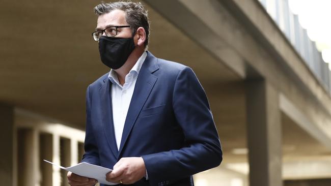 Victorian Premier Daniel Andrews arrives at his daily coronavirus briefing in Melbourne on Monday. Picture: Getty Images