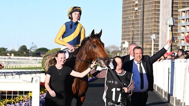 Zac Lloyd wins his maiden Group 1 aboard Stefi Magnetica in the Stradbroke Handicap for trainer Bjorn Baker. Picture: Grant Peters - Trackside Photography.