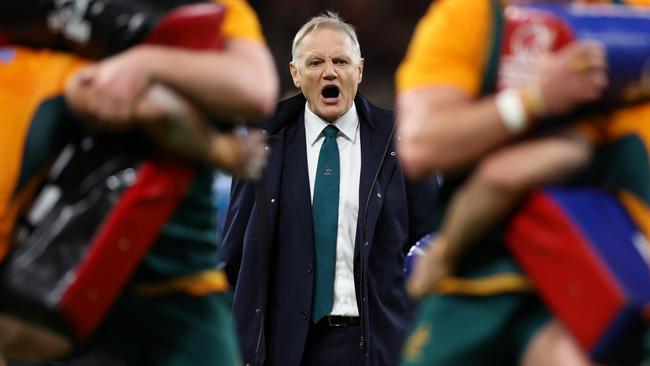 CARDIFF, WALES - NOVEMBER 17:  Joe Schmidt, Head Coach of Australia shouts instructions during the players warm up prior to  the Autumn Nations Series 2024 match between Wales and Australia at Principality Stadium on November 17, 2024 in Cardiff, Wales. (Photo by Michael Steele/Getty Images)