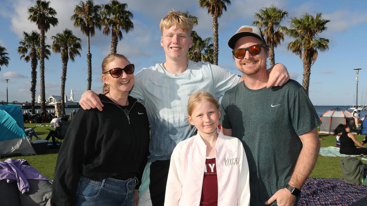 Jo, Lucas, Charli and Glenn Sinclair. Locals and visitors arrived early to get a good spot for the Geelong New Years Eve celebrations. Picture: Alan Barber