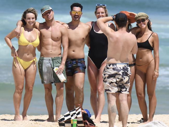 I'm A Celebrity 2022 cast — Joey Essex, Emily Seebohm, Tottie Goldsmith and David Subritzky — soaking up the Bondi scene with former Jungle Queen Abbie Chatfield. Picture: MediaMode.com